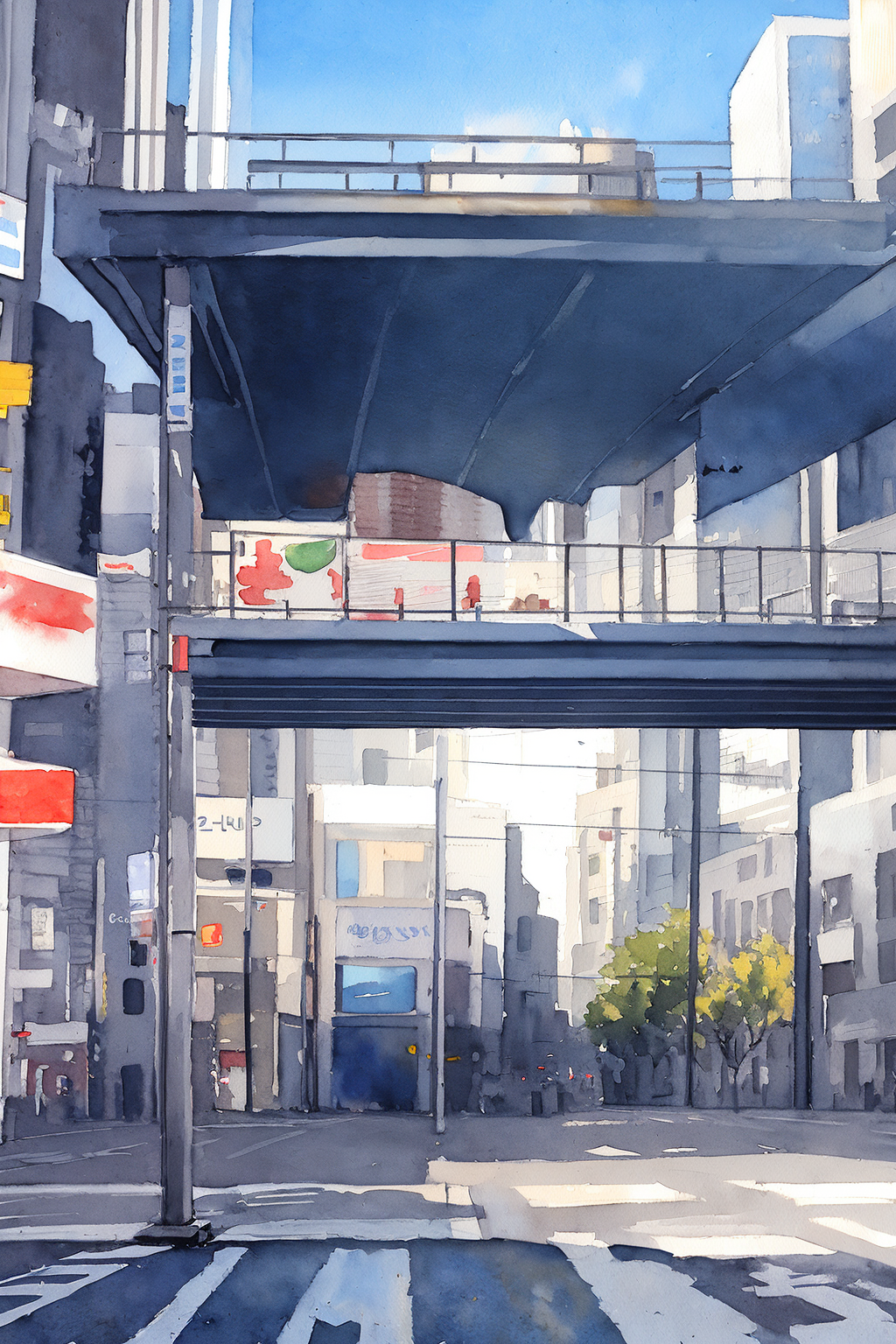 03831-3298272371-Traditional Mediums, Streets, Zebra Crossings, Cars, Poles, Shops, Landscapes, Watercolor (Medium), Painting (Medium), Buildings.png